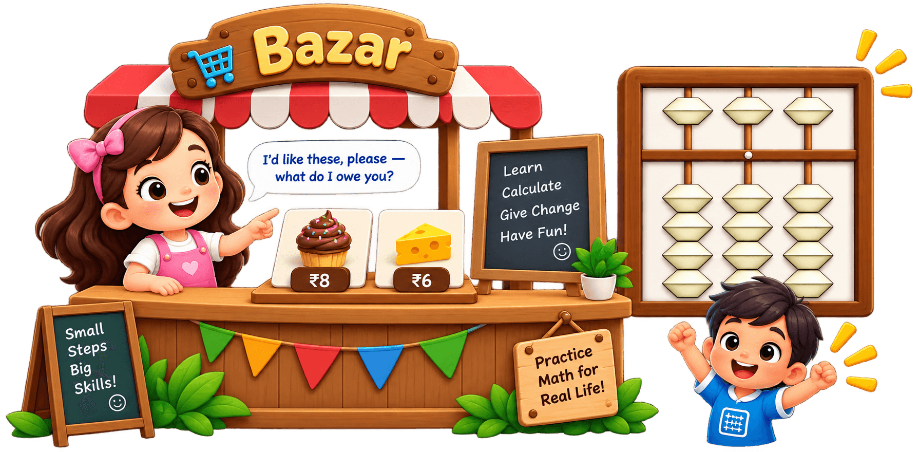 A market stall run by a young shopkeeper, selling a cupcake for ₹8 and cheese for ₹6, with an abacus beside it