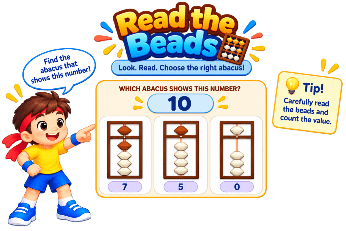 A boy points excitedly at an abacus, encouraging you to read the number it shows