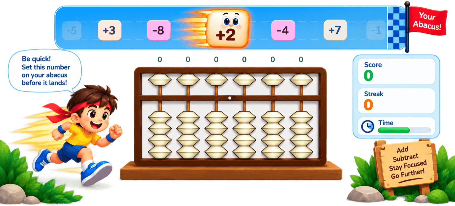 A number races down a runway toward an abacus while a runner dashes alongside, with a scoreboard showing score, streak and time